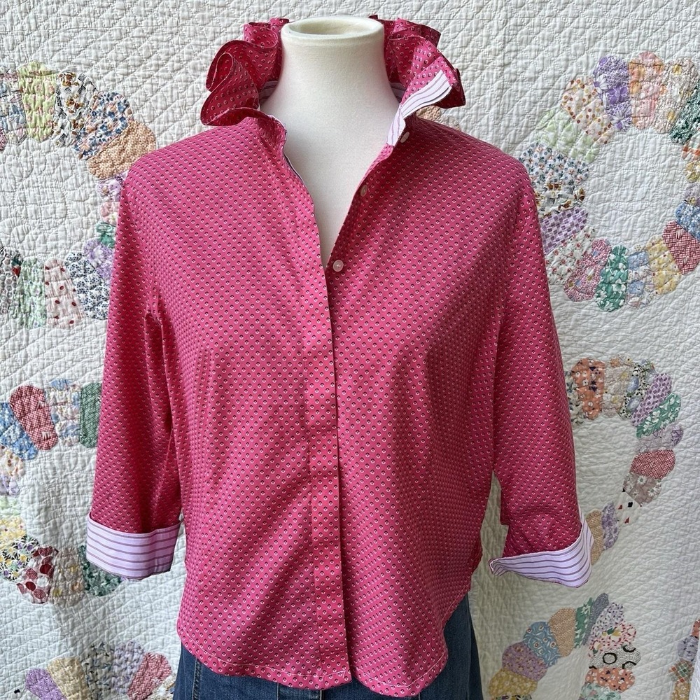 Upcycled Re-worked Talbots Hot Pink Polka Dot Fitted Ruffle Collar Shirt L - Picture 3 of 11